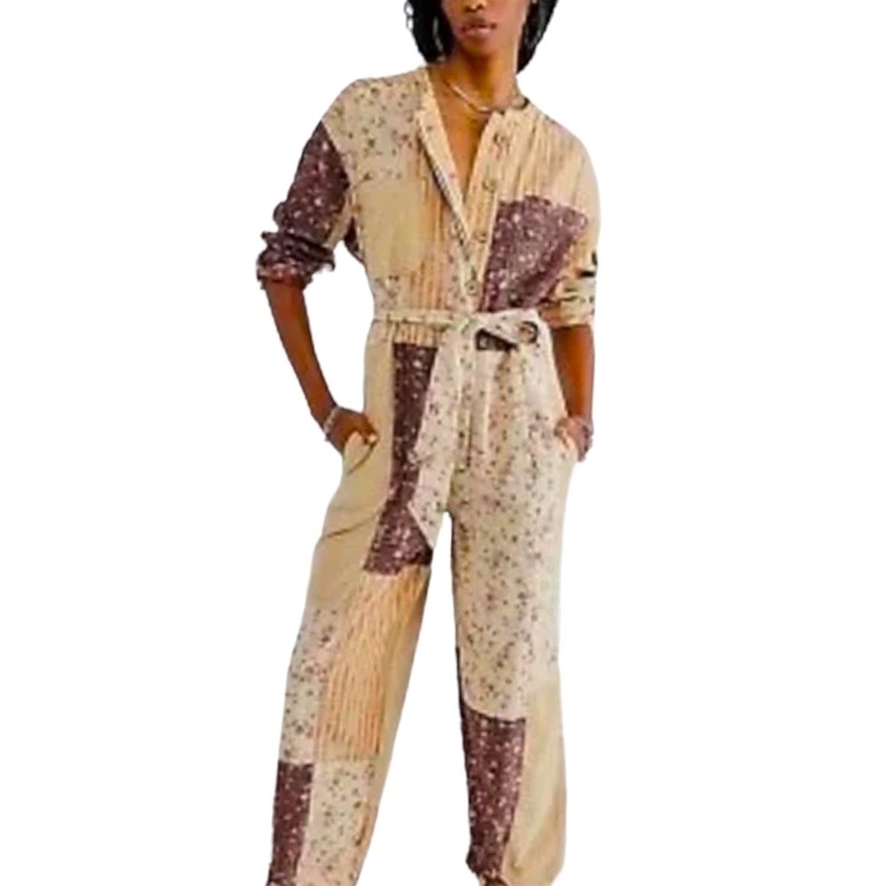 Free People Road Trip Patched M Pink Beige Utility Belted Patchwork Coveralls - Picture 6 of 7
